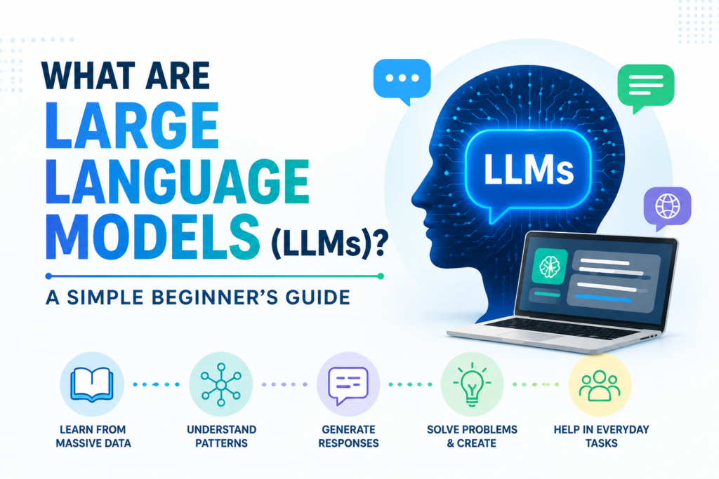 Large Language Models explained for beginners with AI technology illustration