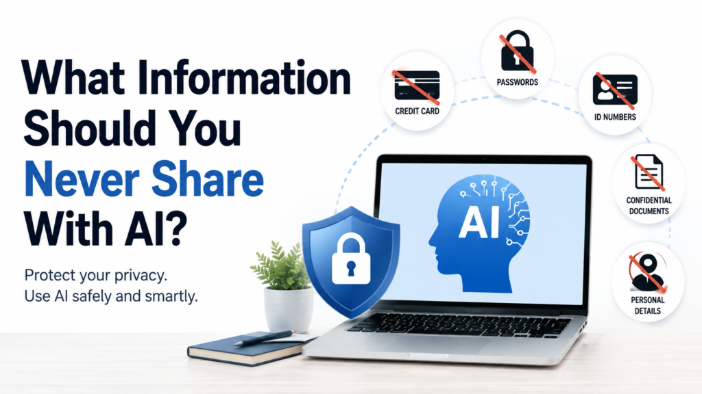 What information should you never share with AI, including passwords, credit cards, ID numbers, confidential documents, and personal details