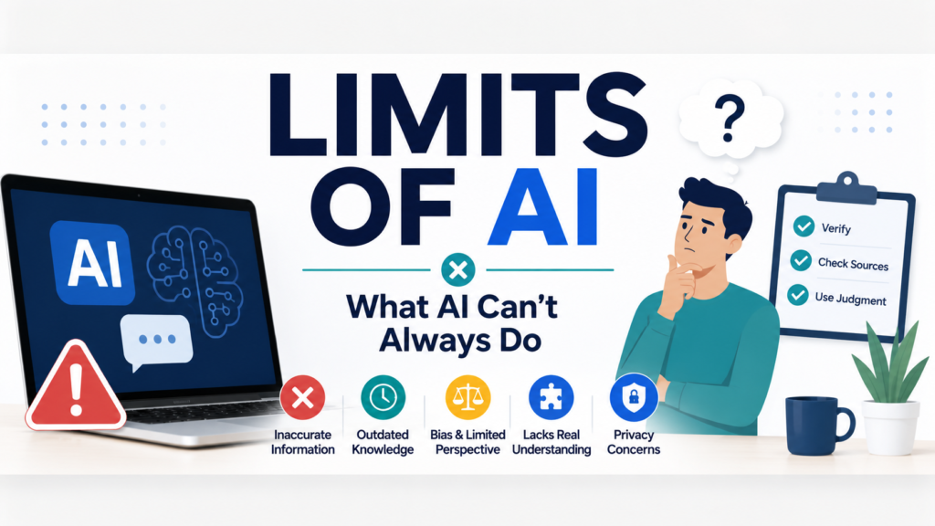 Limitations of AI including inaccurate information, outdated knowledge, bias, privacy concerns, and the need for human judgment