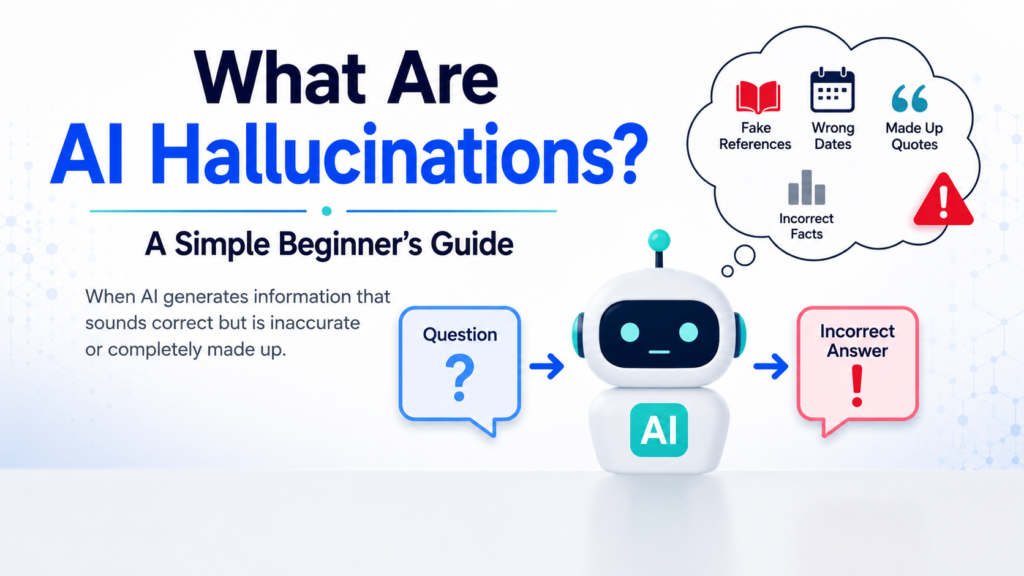 AI hallucinations explained for beginners showing incorrect AI answers, fake references, wrong dates, and made-up information