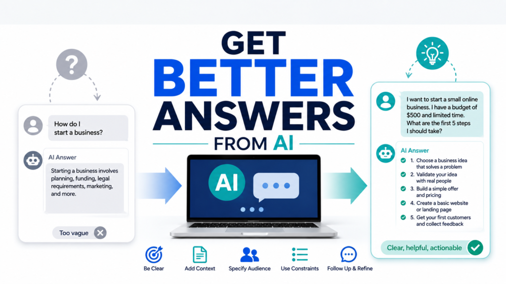 How to get better answers from AI by using clear prompts, context, constraints, and follow-up questions