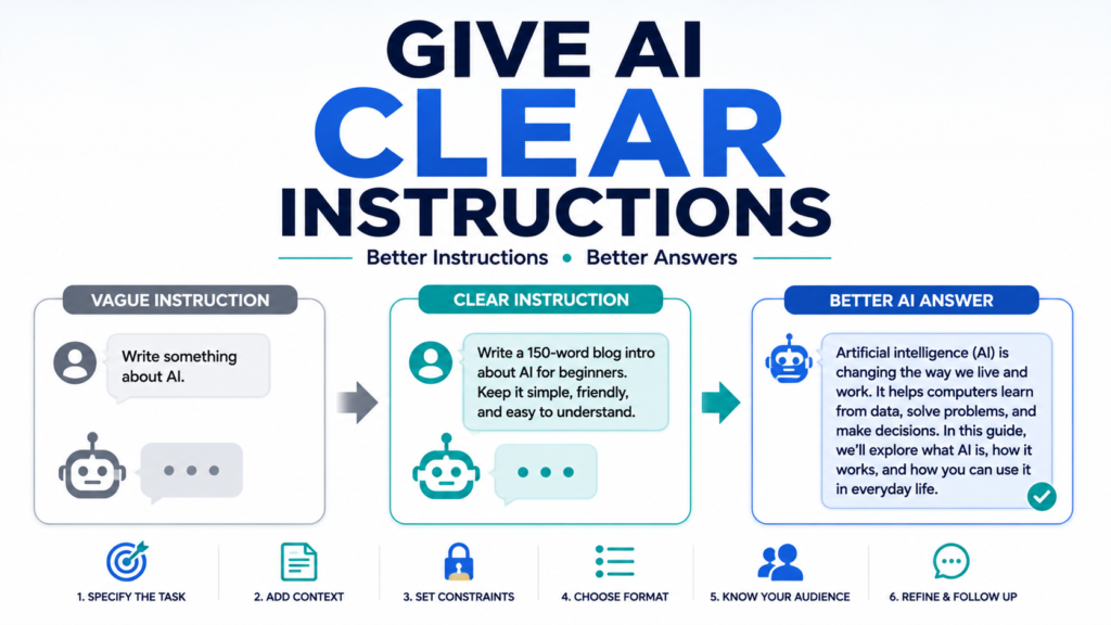 How to give AI clear instructions using specific tasks, context, constraints, formats, and follow-up prompts