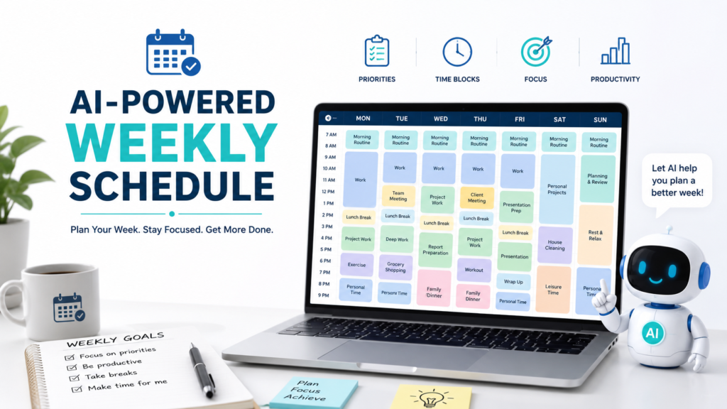 Use AI to create a weekly schedule with organized priorities, time blocks, work tasks, breaks, and personal activities