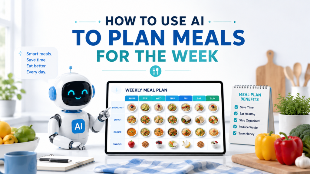 Use AI to plan meals for the week with a seven-day meal plan organized by breakfast, lunch, dinner, and snacks