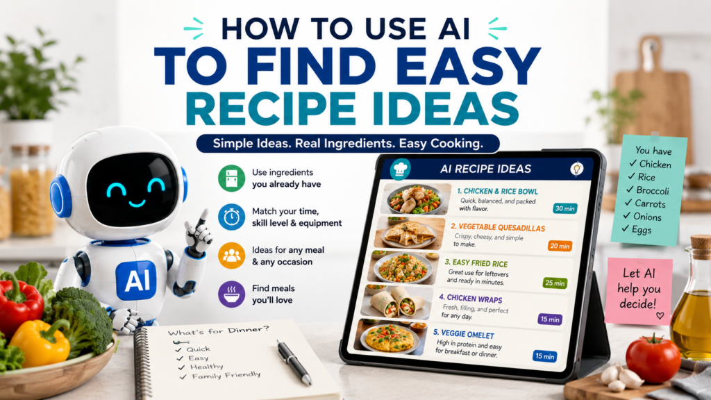 Use AI to find easy recipe ideas based on ingredients you already have, cooking time, skill level, and kitchen equipment
