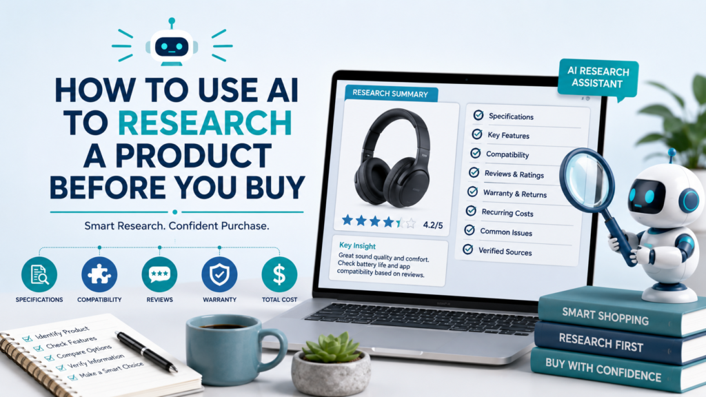Use AI to research a product before you buy by checking specifications, compatibility, reviews, warranty, recurring costs, and verified sources