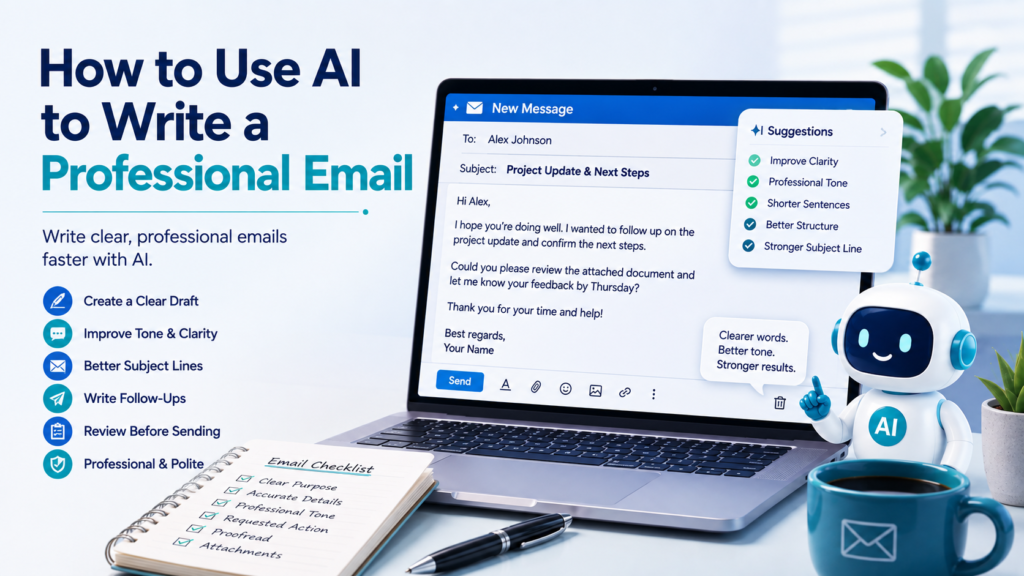 Use AI to write a professional email with clearer wording, better tone, subject lines, follow-ups, and final review