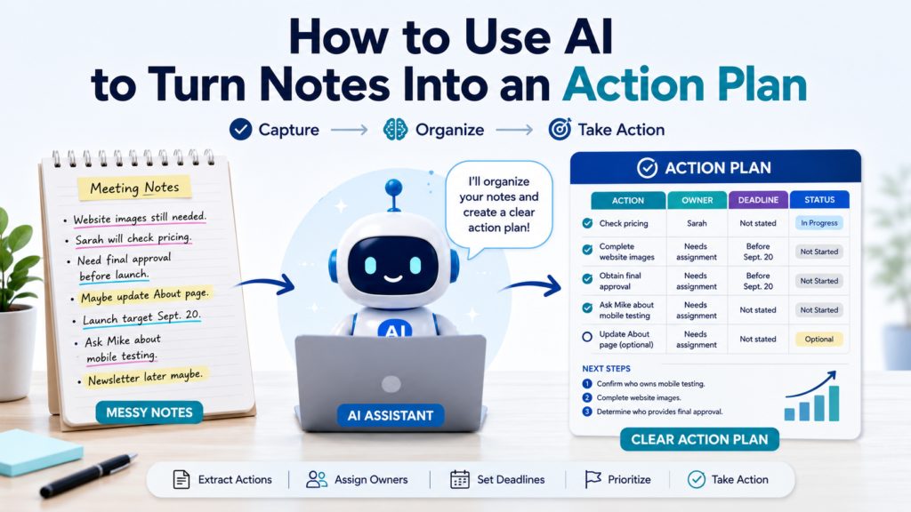 Use AI to turn notes into an action plan with clear tasks, owners, deadlines, priorities, and next steps