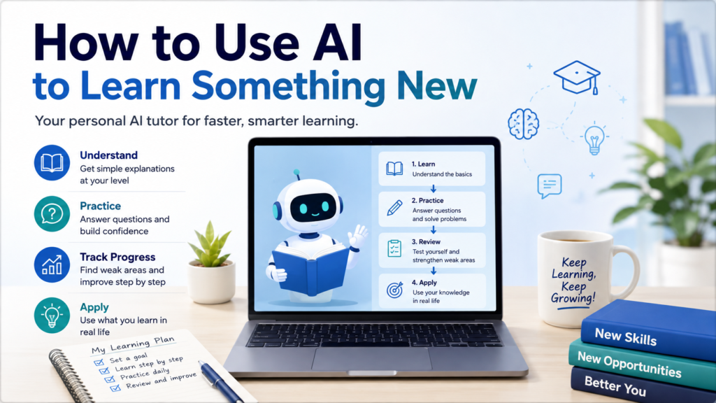 Use AI to learn something new with simple explanations, practice questions, progress tracking, and real-world application