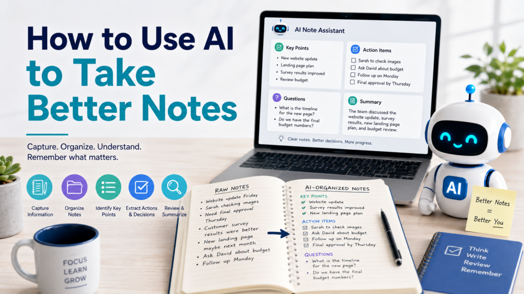 Use AI to take better notes by organizing key points, questions, summaries, and action items