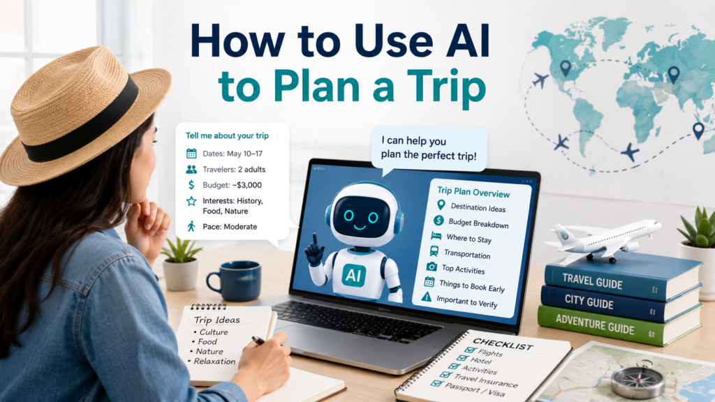 Use AI to plan a trip by organizing destinations, budget, transportation, accommodations, activities, and booking priorities
